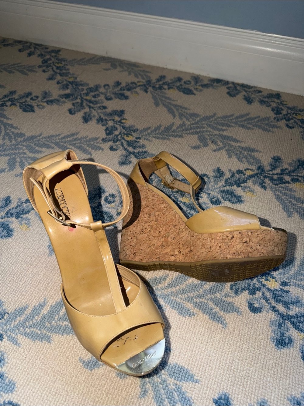 Jimmy Choo Pela Nude Patent Leather T-Strap Cork Wedge Sandals 39